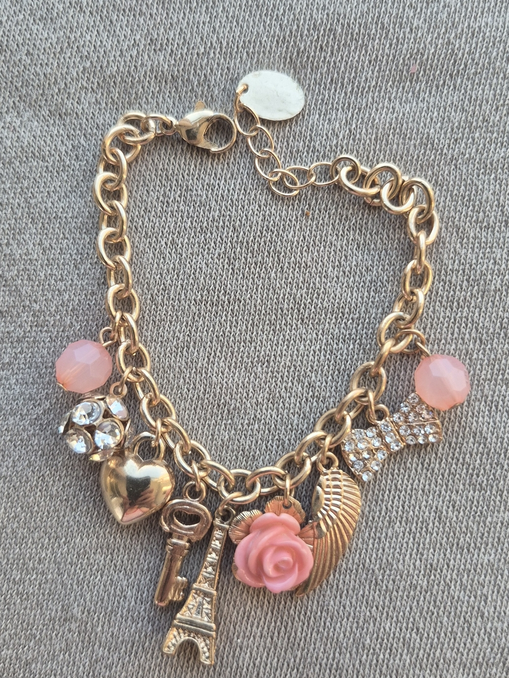 Gold-Tone Pink Rose Charm Bracelet - Women Jewelry